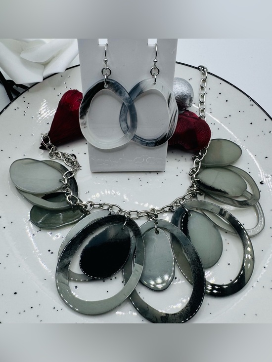 Jewelry - Black and Grey Acrylic Oval Statement Necklace & Earrings Set